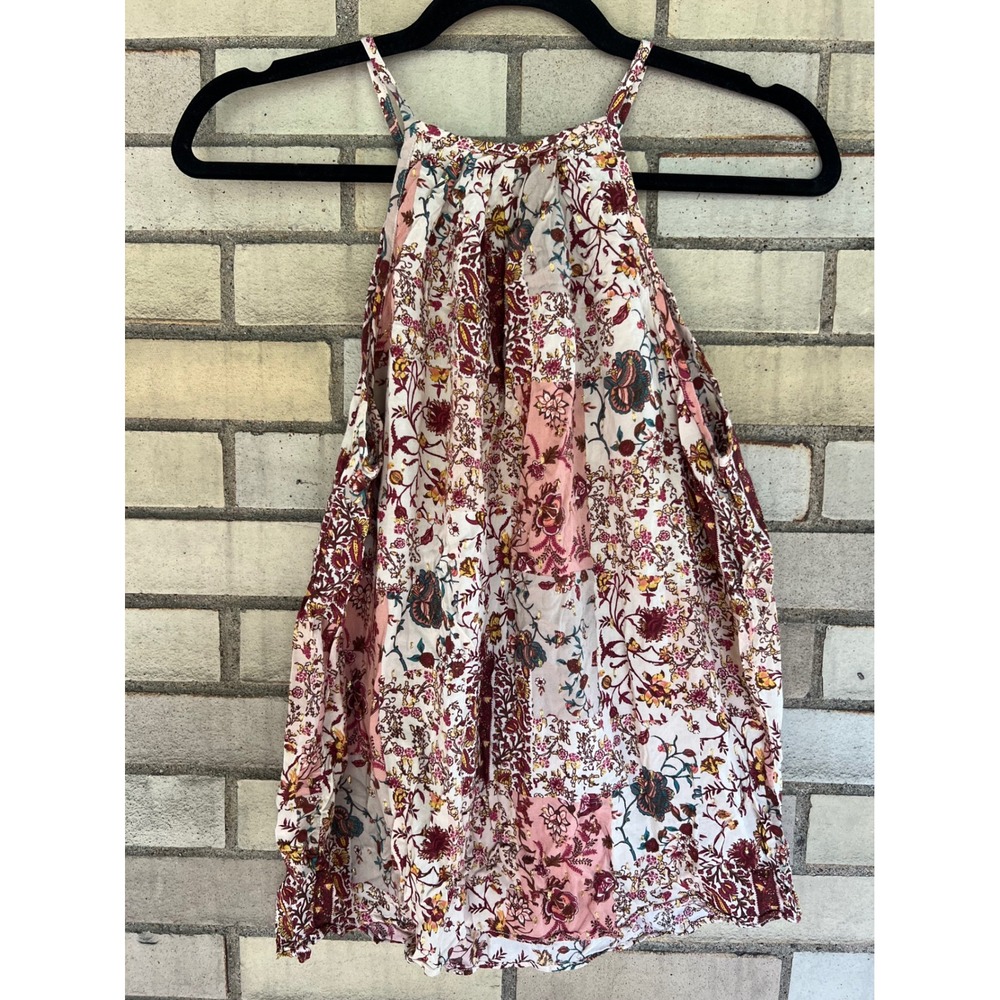 Drew Floral Patchwork Gold Lurex Swiss Dot Halter Tank Top Pink Size Small - Picture 4 of 4